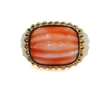 14k Yellow Gold and Carved Coral East West Ring Size 7