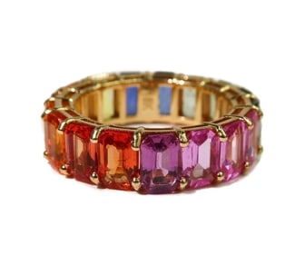 18k Yellow Gold Multi-Colored Rainbow Sapphire Band, Size 6.5