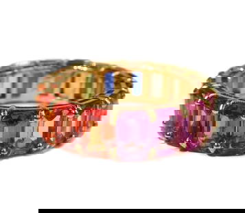 18k Yellow Gold Multi-Colored Rainbow Sapphire Band, Size 6.5: 18k Yellow Gold Multi-Colored Rainbow Sapphire Band, Size 6.5. Multi-Colored emerald cut sapphires to band. Marked "18k" to interior. Weight Approx., 6.17 grams / Sapphire: 9.86 carats total Measures
