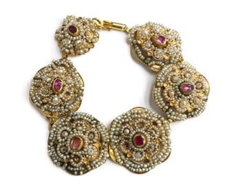 14k Yellow Gold Ruby and Seed Pearl Link Bracelet
