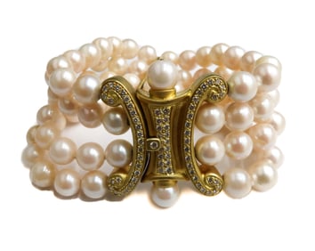 14k Yellow Gold and Diamond 4 Strand Cultured Pearl Bracelet