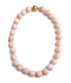 18k Brushed Yellow Gold Pink Rose Quartz Beaded Necklace.