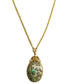 Chinese 24k Yellow Gold Wheat Chain and Carved Jade Pendant Necklace