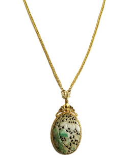 Chinese 24k Yellow Gold Wheat Chain and Carved Jade Pendant Necklace: Chinese 24k yellow gold wheat chain and carved jade pendant necklace. Oval carved jade pendant center with floral decoration. The frame of jade with a beaded design and figural bat. Marked 24k. Weight