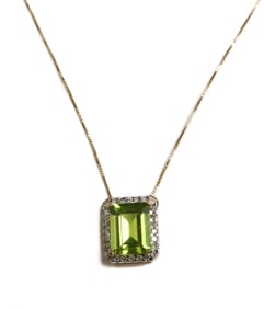 14k Yellow Gold Emerald Cut Peridot and Diamond Necklace