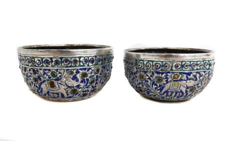 Pair South East Asian Silver and Enameled Elephant Bowls circa 1900