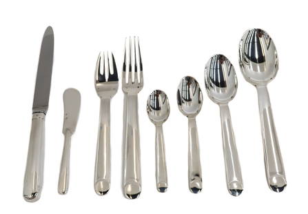 Emile Puiforcat Cartier Silver Partial Dinner Service for 4 in Normandie: 25 Piece Emile Puiforcat Cartier Silver Partial Dinner Service for 4 in Normandie. One edge marked Puiforcat France, other edge marked Cartier. With EP Puiforcat mark, Mercury export mark for 950 puri