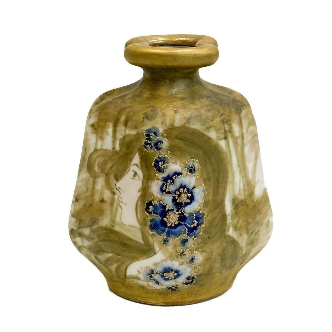 Amphora Austria RSTK Turn Teplitz Hand Painted Porcelain Vase Forest Beauty: Amphora Austria RSTK Turn Teplitz Hand Painted Porcelain Vase Forest Beauty, circa 1900. Hand painted portrait of a beauty with blue enamel flowers in her hair. Underside with Amphora RSTK marks, impr