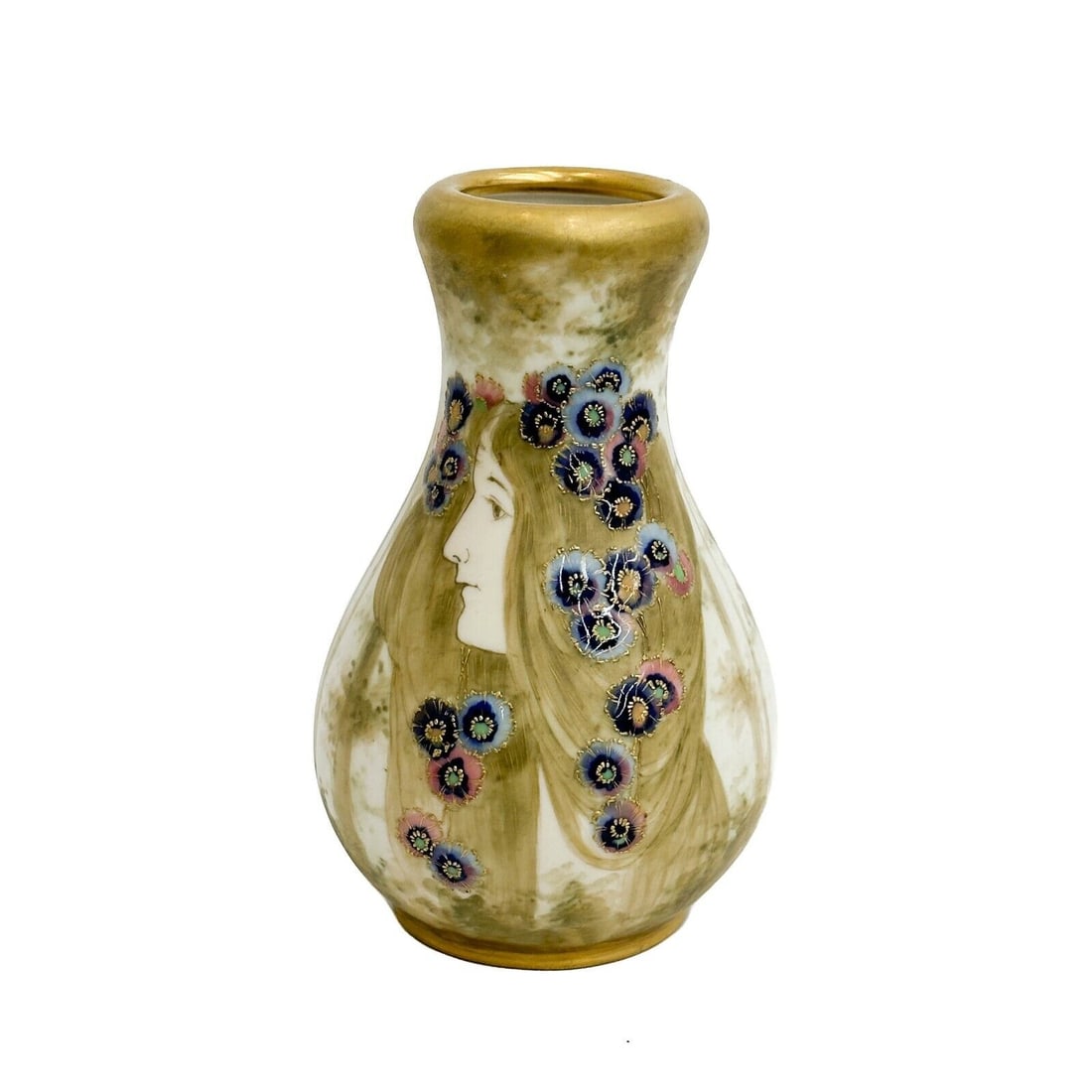 Amphora Austria RSTK Turn Teplitz Hand Painted Porcelain Vase Forest Beauty: Amphora Austria RSTK Turn Tepliz Hand Painted Porcelain Vase Forest Beauty, circa 1900. Hand painted portrait of a beauty with colorful enamel flowers in her hair. Underside with Amphora RSTK marks im