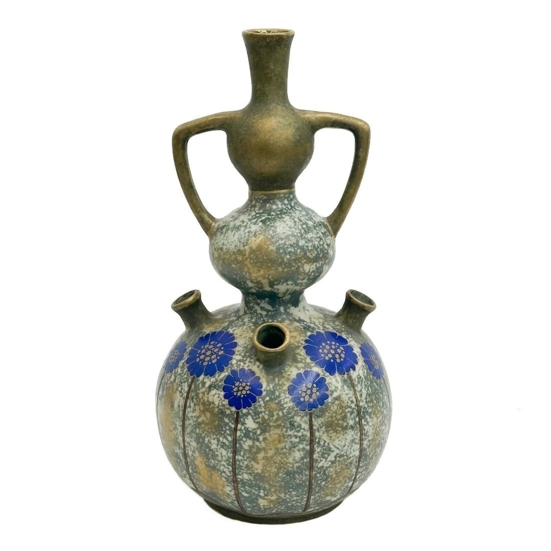 Amphora Austria Faience Pottery Multi-Spout Gourd Shaped Jug Vase circa 1900: Amphora Austria Faience Pottery Multi-Spout Gourd Shaped Jug Vase circa 1900. 2 handled vase with 4 spouts to body. Blue enamel florals to the body with gilt accents. Faience N423966 54 Weight: Approx