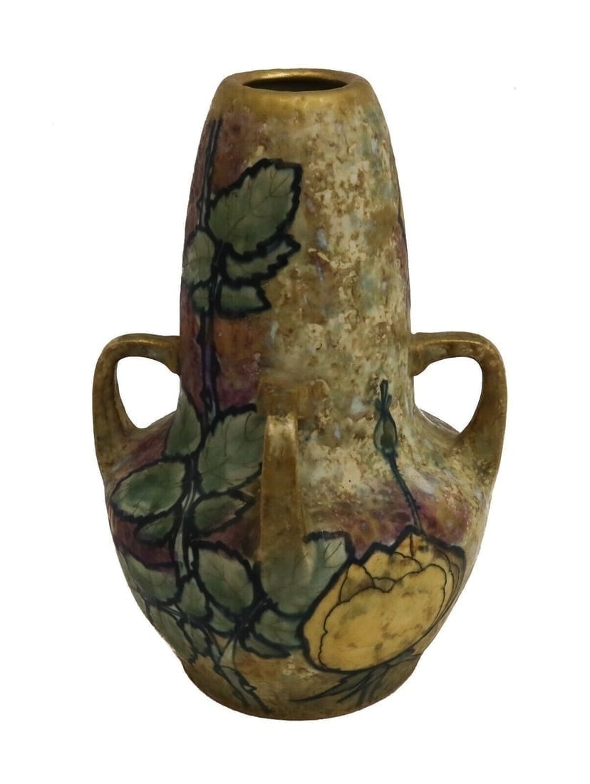 Amphora Austria Hand Painted Yellow Rose Pottery 4 Handled Vase c1900: Amphora Austria 4 handled rose vase, circa 1900. Hand painted yellow roses throughout. Amphora Austria mark to underside. Weight: Approx. 2 lbs Measurements: Approx. 5.25 inches diameter x 8.25 inches