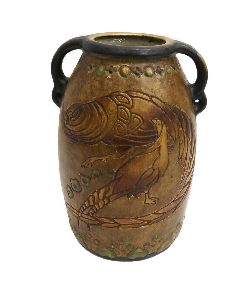 Amphora Austria Campina Pheasant Twin Handled Pottery Vase circa 1900: Amphora Austria Campina Glazed Pheasant twin handled earthenware pottery vase, circa 1900. Engraved abstract pheasant birds to central area with floral decorations. Amphora Austria mark to underside.