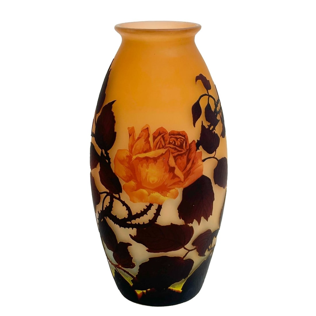 Muller Freres France Cameo Art Glass Vase Shaded Roses circa 1900: Muller Freres France Cameo Art Glass Vase, circa 1900. An orange ground decorated in Acid Etched cameo with roses, branches and leaves. Rose with shading. Signed Muller Freres Luneville in cameo to th