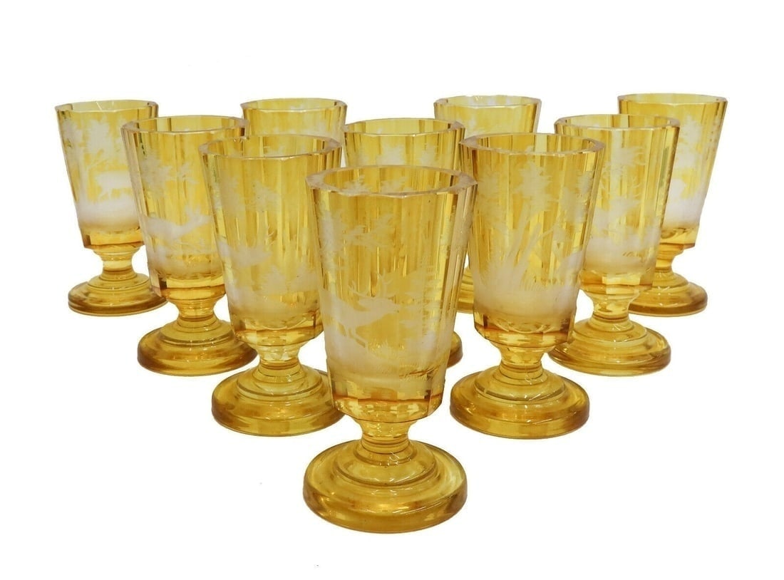 10 Bohemian Amber Cut to Clear Glass 5.125 inch Wine Goblets Fauna Scene c1900: 10 Bohemian Amber cut to clear glass 5.125 inch wine goblets, circa 1900. Cut to clear fauna designs of deer in the woods. Variation to thickness due to its handmade nature. Weight: Approx. 6 lbs Meas