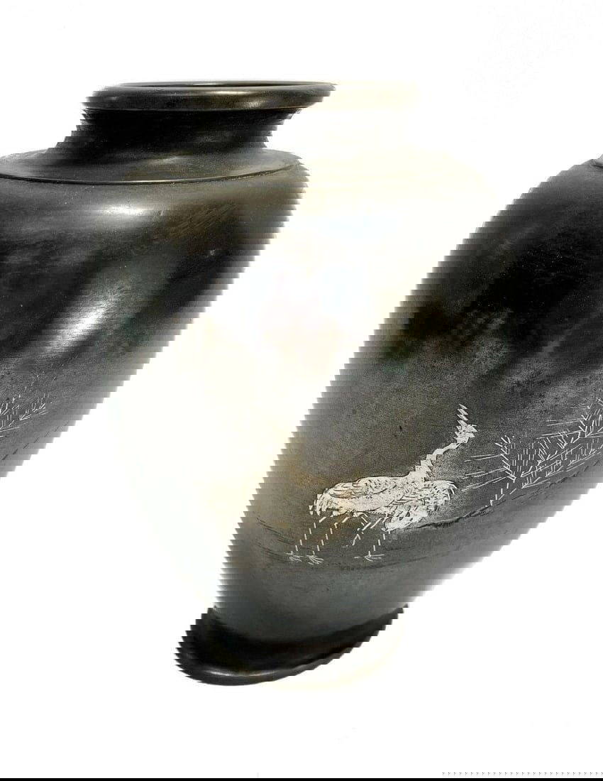 Japanese Mixed Metal Bronze and Silver Vase, Storks, Likely Meiji Period