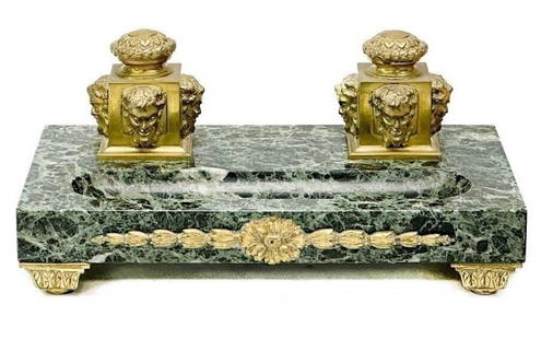 French Gilt Bronze Mounted Verde Antico Marble Double Inkwell Figural Faces: French Gilt Bronze Mounted Verde Antico Marble Double Inkwell, 19th century. Hinged inkwells with figural bearded faces to three sides. Gilt bronze feet, marble base with pen tray. Weight Approx., 18.
