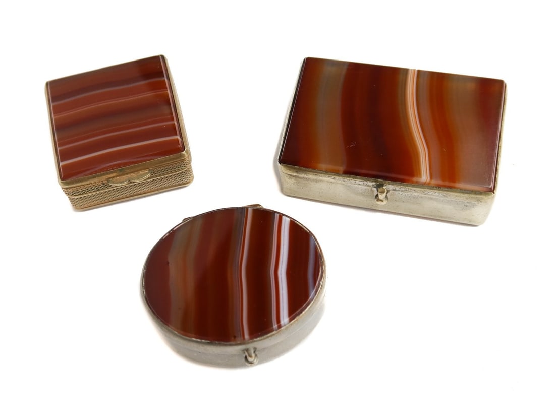 3 Silvered Metal Banded Agate Boxes 20th Century (1 of 5)