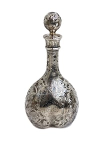 Gorham Mfg Co. Sterling Silver Overlay Glass Decanter circa 1892 Etched Swirls
