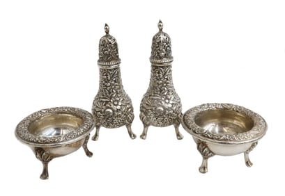 Kirk & Sons Sterling Silver Repousse Salt and Pepper Shakes and Salt Cellars #58