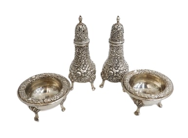 Kirk & Sons Sterling Silver Repousse Salt and Pepper Shakes and Salt Cellars #58