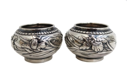 Pair Konoike Japanese Silver Open Salt Cellars Etched Florals