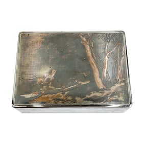 Japanese Solid Silver Box Forest Scene Signed with Seal Mark Meiji period