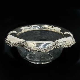 Tiffany & Co Sterling Silver Mounted Etched Glass Bowl Florals circa 1900