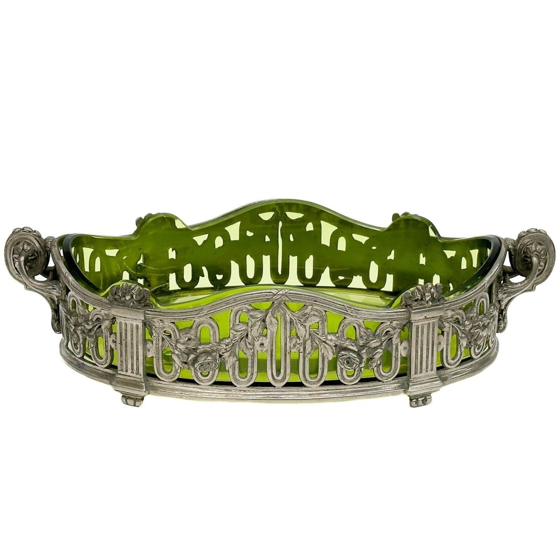 Gallia Silverplate and Green Glass Centerpiece Bowl circa 1920: Gallia Silverplate and Green Glass Centerpiece Bowl, circa 1920. Green glass bowl, silverplate mounts with pillar and floral garland decoration. Underside of silverplate with Gallia marks. Weight:appr