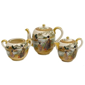 3pc Japanese Satsuma Hand Painted Porcelain Tea Set Taisho period
