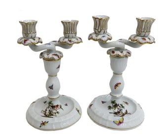 Pair Herend Hungary Rothschild Birds Hand Painted Porcelain Two Arm Candelabras