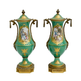 Pair Sevres Style Paris Porcelain Bourdois &Bloch Gilt Bronze Mounted Urns