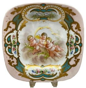 Sevres France Porcelain Hand Painted Square Cherubs Porcelain Dish circa 1910