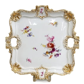 Meissen Germany Hand Painted Floral Porcelain Twin Handled Square Tray
