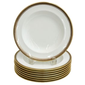 8 Cauldon England Gilt Porcelain Rimmed Soup Bowls Greek Key c1900