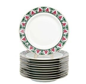 11 Kornilov Bros Imperial Russian Porcelain Dinner Plates Red & Green c. 1910