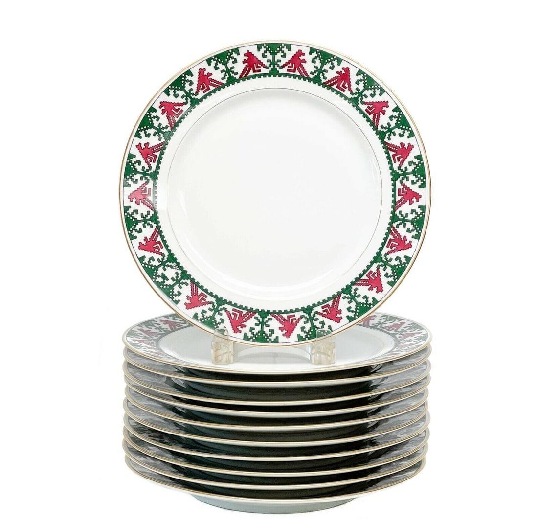 11 Kornilov Bros Imperial Russian Porcelain Dinner Plates Red & Green c. 1910: 11 Kornilov Bros Imperial Russian porcelain dinner plates in pattern N8, circa 1910. A white ground with red and green geometric patterns to the edge. Gilt to the rim. Underside marked JHV Kornilow Br