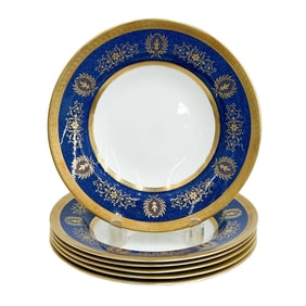 6 Coalport England Gilt Porcelain Rimmed Soup Bowls in Lady Anne Blue