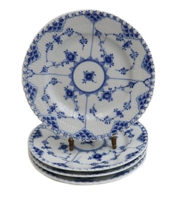 4 Royal Copenhagen Porcelain Dessert Pie Plates Blue Fluted Full Lace #1087
