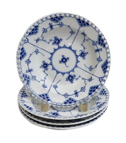4 Royal Copenhagen Porcelain Rimmed Soup Bowls Blue Fluted Full Lace #1170 Mid C