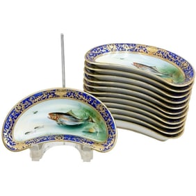 12 Meito China Hand Painted Porcelain Fish Crescent Bone Plates circa 1950