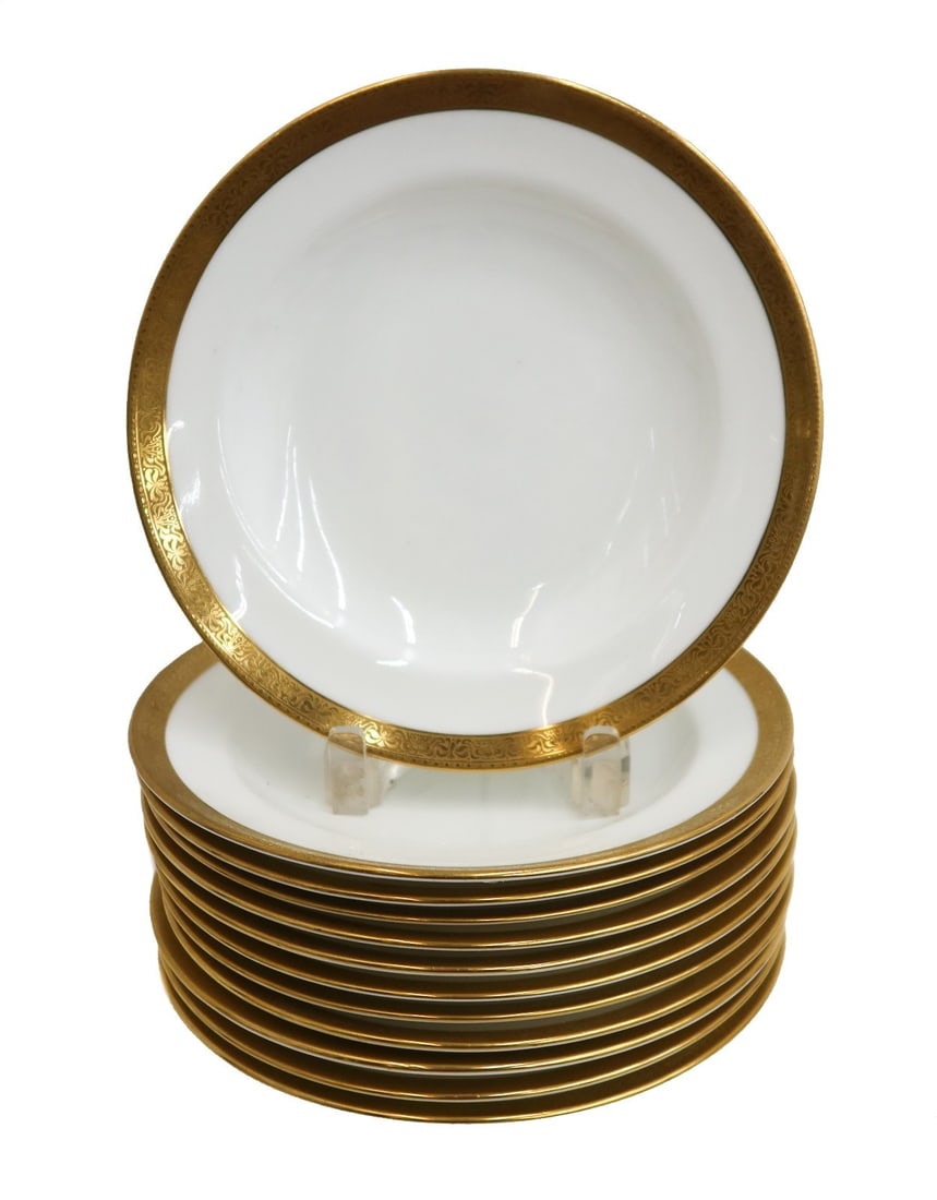 12 Lenox for Tiffany & Co Porcelain Gilt Rimmed Soup Bowls circa 1920 (1 of 4)