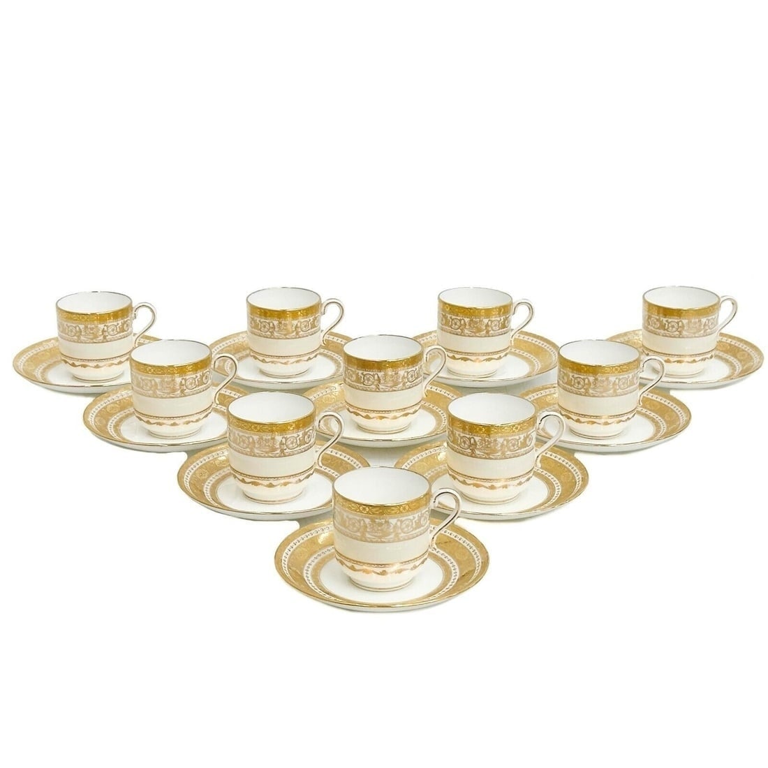 10 Minton England Gilt Porcelain Demitasse Cup & Saucers: 10 Minton England Gilt Porcelain Demitasse Cup & Saucers, married patterns. A white ground decorated with ornate gilt designs to the edge. Underside of cups marked Mintons Tiffany & Co New York made i