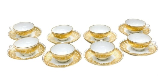 8 Salviati Venice Porcelain Gilt Encrusted & Enamel Jeweled Cup & Saucers
