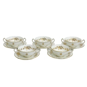5 Minton England Gilt Porcelain Bouillon Bowls & Underplates H5017 1956