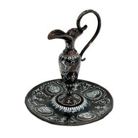 French Limoges Enamel Miniature Ewer with Stand Painted Faces 19th century