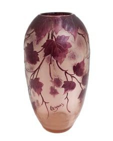 Legras France Acid Etched Cameo Art Glass Vase Purple Leaves Signed circa 1900