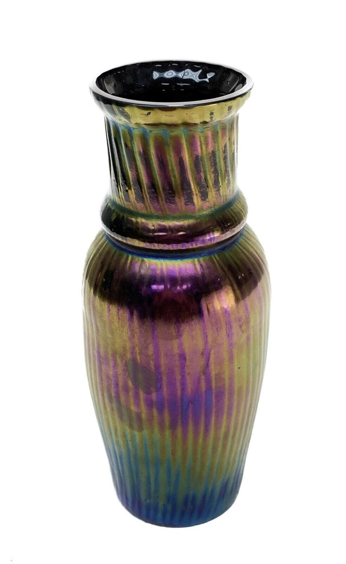 Austrian Iridescent Art Glass Ribbed Vase, Signed Loetz: Austrian Iridescent ribbed art glass textured vase, Signed Loetz. A purple ground with yellow and green iridescence. Acid etched Loetz Austria mark to the underside base, likely spurious. Weight Appro