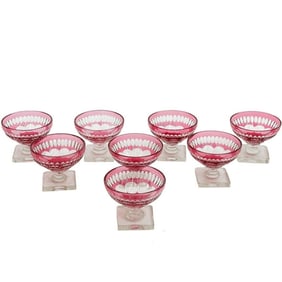 8 Cranberry Red Cut to Clear Glass Small Coupes circa 1900