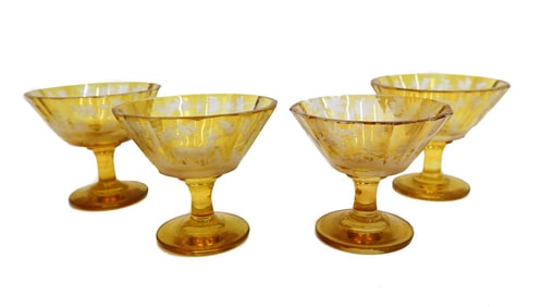 4 Bohemian Amber Cut to Clear Glass Marini Liquor Goblets Fauna Scene c1900