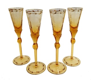 4 Moser Czech Cut Crystal Glass Champagne Flutes in Paula Amber Orange and Gilt